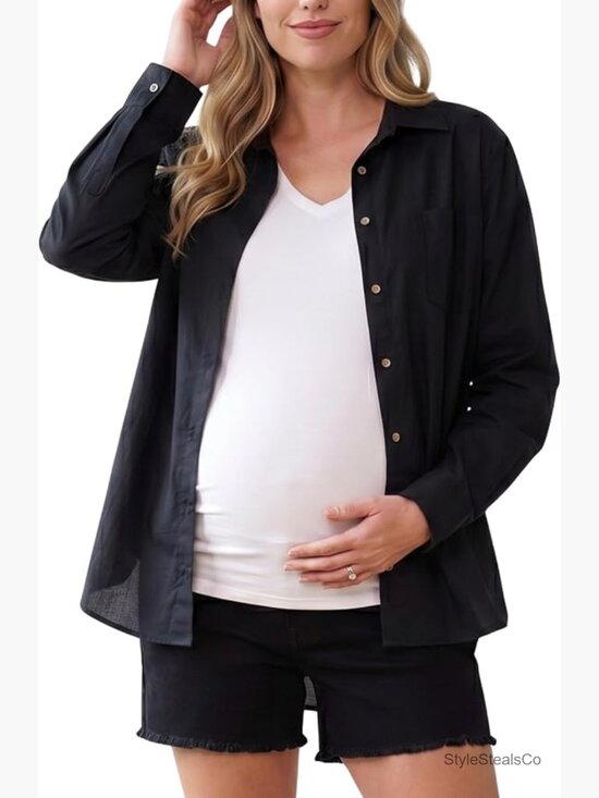 Tops - Oversized Maternity Button Down Poplin Long Sleeve Shirt